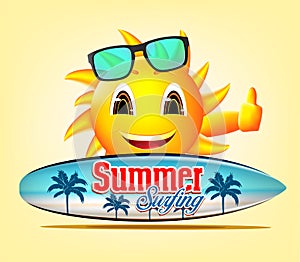 Summer Surfing Smiling Sun Character in Yellow Background