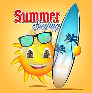 Summer Surfing Sun Character Holding Surfboard