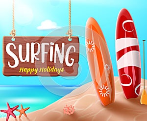 Summer surfing vector banner design. Surfing happy holidays text for fun outdoor sport activity with elements like surfboard