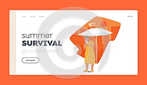 Summer Survival Landing Page Template. Senior Woman Character Experiencing Heat Discomfort, Feeling Warm And Sweaty