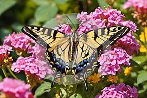 Summer Swallowtail butterfly on the bright flower close-up