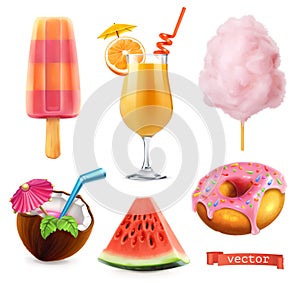 Summer, sweet food. Ice cream, orange juice, cotton candy, cocktail, watermelon and donut. 3d vector icon set