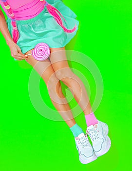 Summer sweet unrecognizable girl Fashion minimal style. Kawaii party mood.  lolli pop lover. Candy shop concept