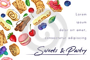 Summer sweets, bakery, pastry background, banner with place for text and lettering. illustration of sweet desserts, pastries and
