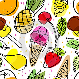 Summer sweets seamless pattern. Seasonal fruits, berries, ice cream. Summer party food. Season tropical repeated