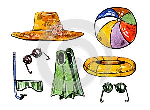 Summer swimming accessories. Hat, flippers, snorkle, ball, ring and glasses. Hand drawn watercolor set