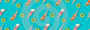 Summer, swimming pool. Summer, holiday seamless pattern background design with water swimmer girls, round floating rings