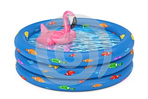 Summer Swimming Pool Inflantable Rubber Pink Flamingo Toy in Blue Rubber Inflatable Childrens Pool. 3d Rendering