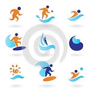 Summer swimming and surfing icons - blue, orange