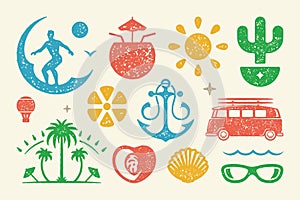 Summer symbols and objects set vector illustration. Bright sun on tropical island with palm trees and umbrella