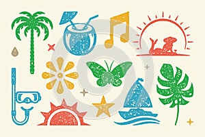 Summer symbols and objects set vector illustration. Lush palm with coconut cocktail photo