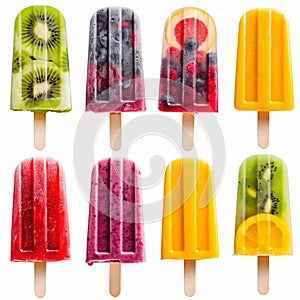 Summer Symphony: A Lineup of Fruit-Infused Ice Pops in a Rainbow of Flavors isolated on white background