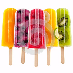 Summer Symphony: A Lineup of Fruit-Infused Ice Pops in a Rainbow of Flavors isolated on white background