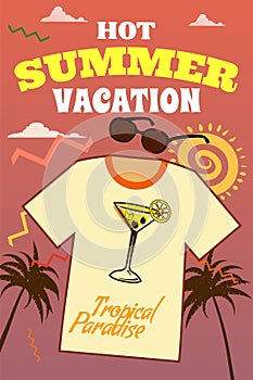 Summer T-shirt and apparel design poster retro, classical cocktail drinks glass, ocean coast, palms