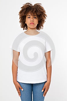 Summer t shirt design and people concept close up of young afro american woman in blank template white t-shirt.