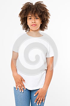 Summer t shirt design and people concept close up of young afro american woman in blank template white t-shirt. Copy spac