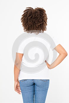 Summer t shirt design and people concept close up of young afro american woman in blank template white t-shirt. Mock up. Back view