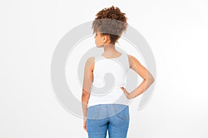 Summer t shirt design and people concept close up of young afro american woman in blank template white t-shirt. Mock up. Back view