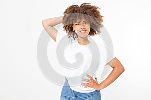 Summer t shirt design and people concept close up of young afro american woman in blank template white t-shirt. Mock up.