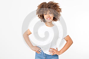 Summer t shirt design and people concept close up of young afro american woman in blank template white t-shirt. Mock up.