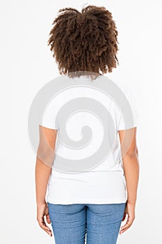 Summer t shirt design and people concept close up of young afro american woman in blank template white tshirt. Mock up. Copy space