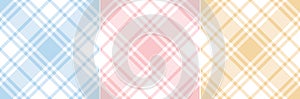Summer tablecloth check pattern set. Pastel flat tartan plaid backgrounds in blue, pink, yellow, white for picnic blanket.
