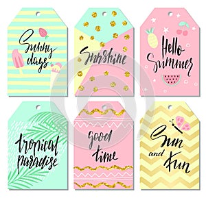 Summer tags set with cute hand drawn design elements, handwritten lettering and textures. Vector illustration.