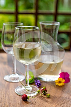 Estate degustazione da Freddo vino bianco sul soleggiato giardino terrazza di legno uscire 