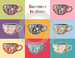 Summer teatime. Cute collection of cups with floral pattern. Crockery design with beautiful flowers