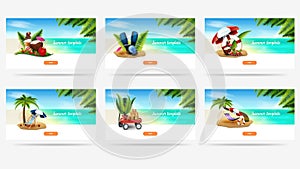 Summer template with seascape, summer illustrations, palm leaves and buttons. Horizontal template for your business.