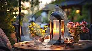 summer terrace outside ,blurred lantern candle light, soft sofa ,cozy atmosfear on evening