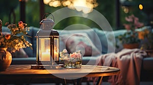 summer terrace outside ,blurred lantern candle light, soft sofa ,cozy atmosfear on evening