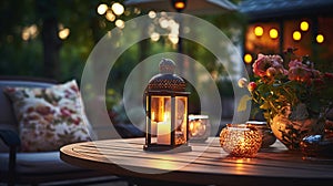 summer terrace outside ,blurred lantern candle light, soft sofa ,cozy atmosfear on evening
