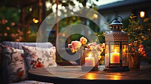 summer terrace outside ,blurred lantern candle light, soft sofa ,cozy atmosfear on evening