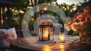 summer terrace outside ,blurred lantern candle light, soft sofa ,cozy atmosfear on evening