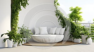 Summer terrace with stylish trendy outdoor furniture at luxurious travel destination.