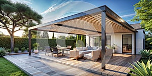 Summer terrace under a canopy of a modern house Generative AI photo