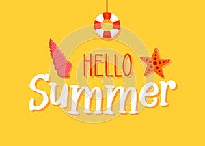 Summer text banner with beach and marine elements - sea star, seashell and life buoy. Vector illustration design background