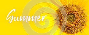 Summer text and sunflower close-up details. oncept for summer, sun, sunshine, tropical summer travel and hot days.