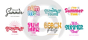 Summer text vector set design. Summer time, hello, tours and beach party greeting and invitation collection