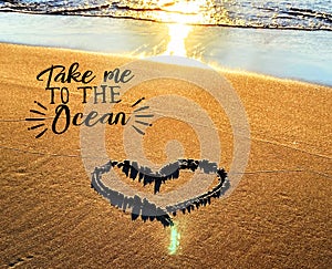 Summer text wishes quotes ocean   heart symbol  on beach sand at sunset sea blurred light nature landscape romantic background cop
