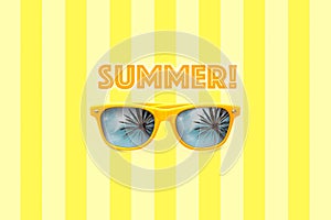 Summer text and yellow sunglasses with palm tree reflections isolated in large pastel yellow striped background.