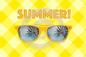 Summer text and yellow sunglasses with palm tree reflections isolated in pastel yellow grid background