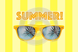 Summer text and yellow sunglasses with palm tree reflections isolated in pastel yellow striped background
