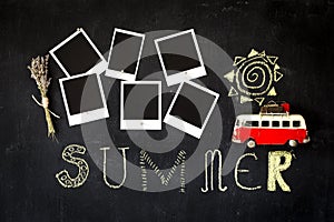 Summer theme blackboard with blank retro photo frames and a vintage van