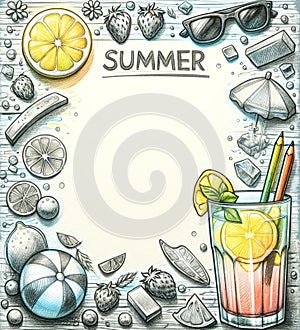 Summer-themed illustration with various objects and blank space for text