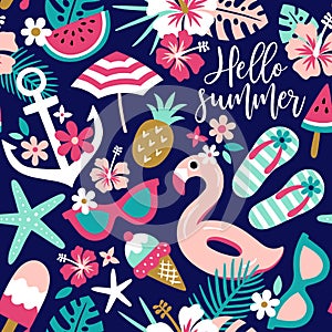 Summer themed seamless  pattern with tropical flowers and beach accessoires.