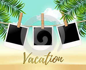 Summer three photo frames on the rope with summer sea and beach vacation - vector illustration. Blank polaroid photos on