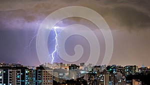 Images of the arrival of a strong summer storm with lightning and rain. Event in the city in the late afternoon, early evening in photo