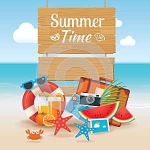 Summer time background banner design template and wooden sign element beach season